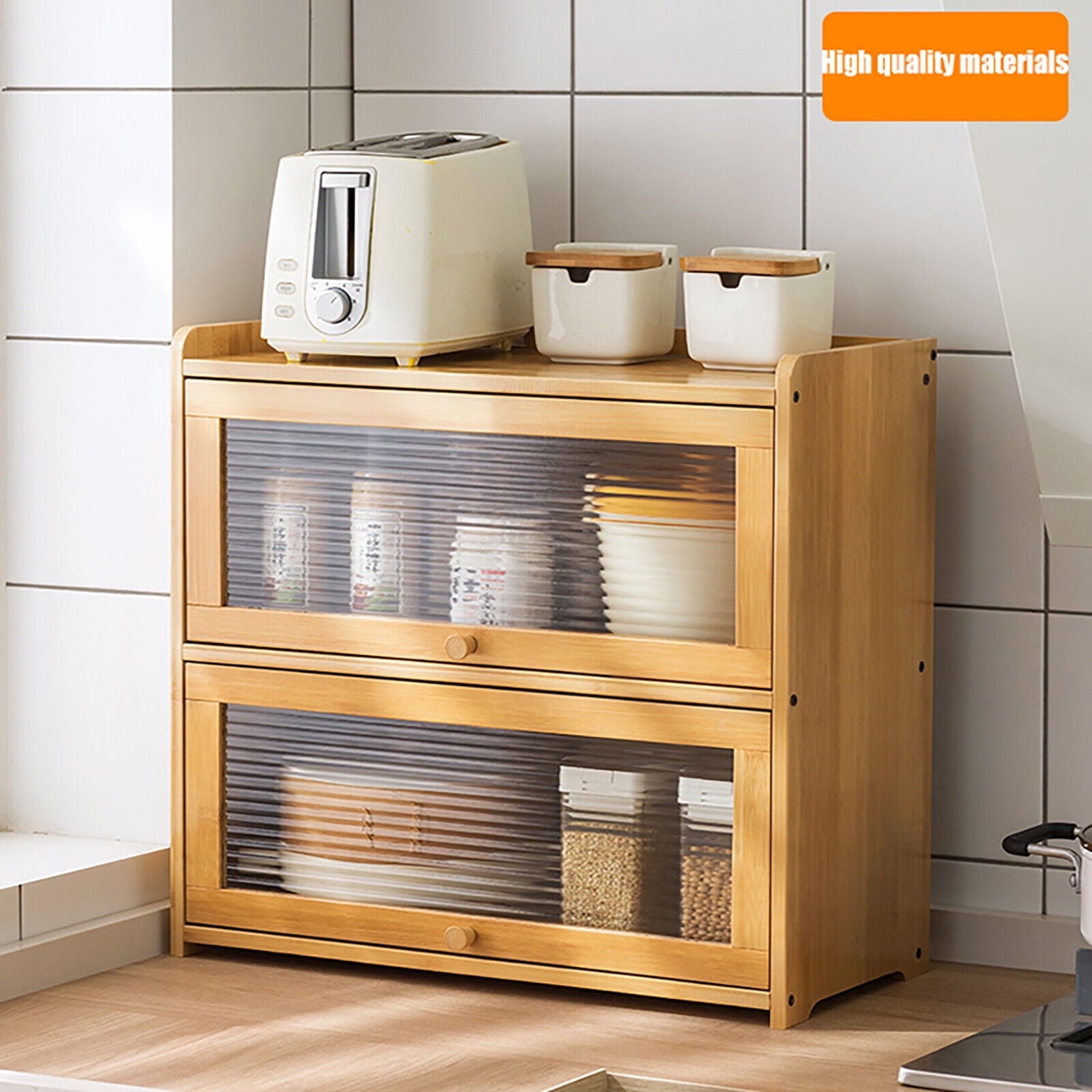 Primary Color 2 Tier Bamboo Storage Cabinet Countertop Storage Cabinet Home For Kitchens, Bedrooms