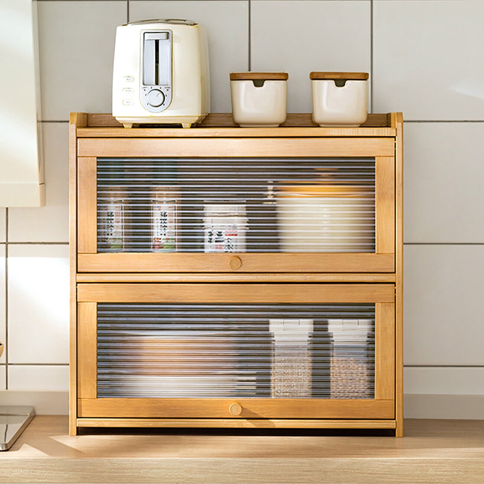 Primary Color 2 Tier Bamboo Storage Cabinet Countertop Storage Cabinet Home For Kitchens, Bedrooms