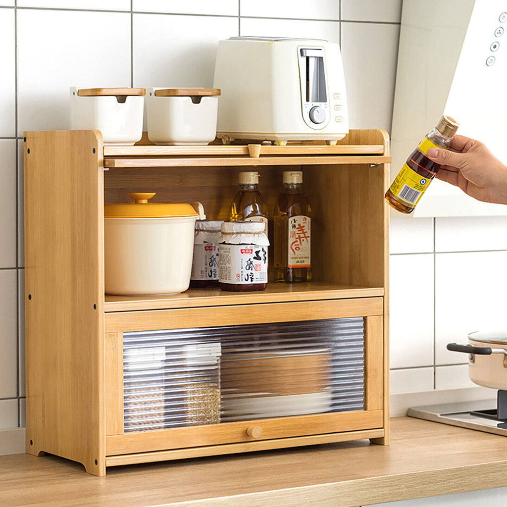 Primary Color 2 Tier Bamboo Storage Cabinet Countertop Storage Cabinet Home For Kitchens, Bedrooms