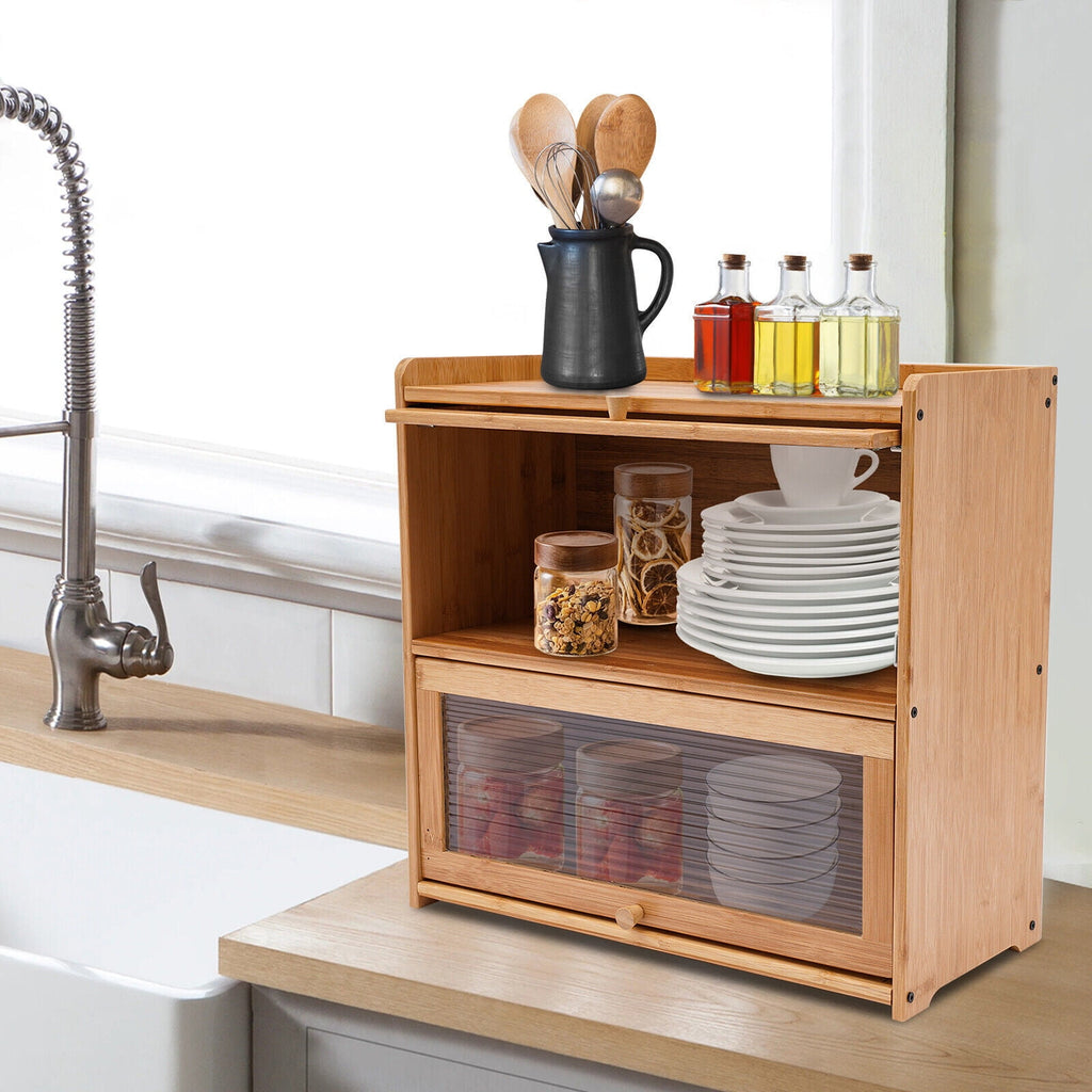 Primary Color 2 Tier Bamboo Storage Cabinet Countertop Storage Cabinet Home For Kitchens, Bedrooms