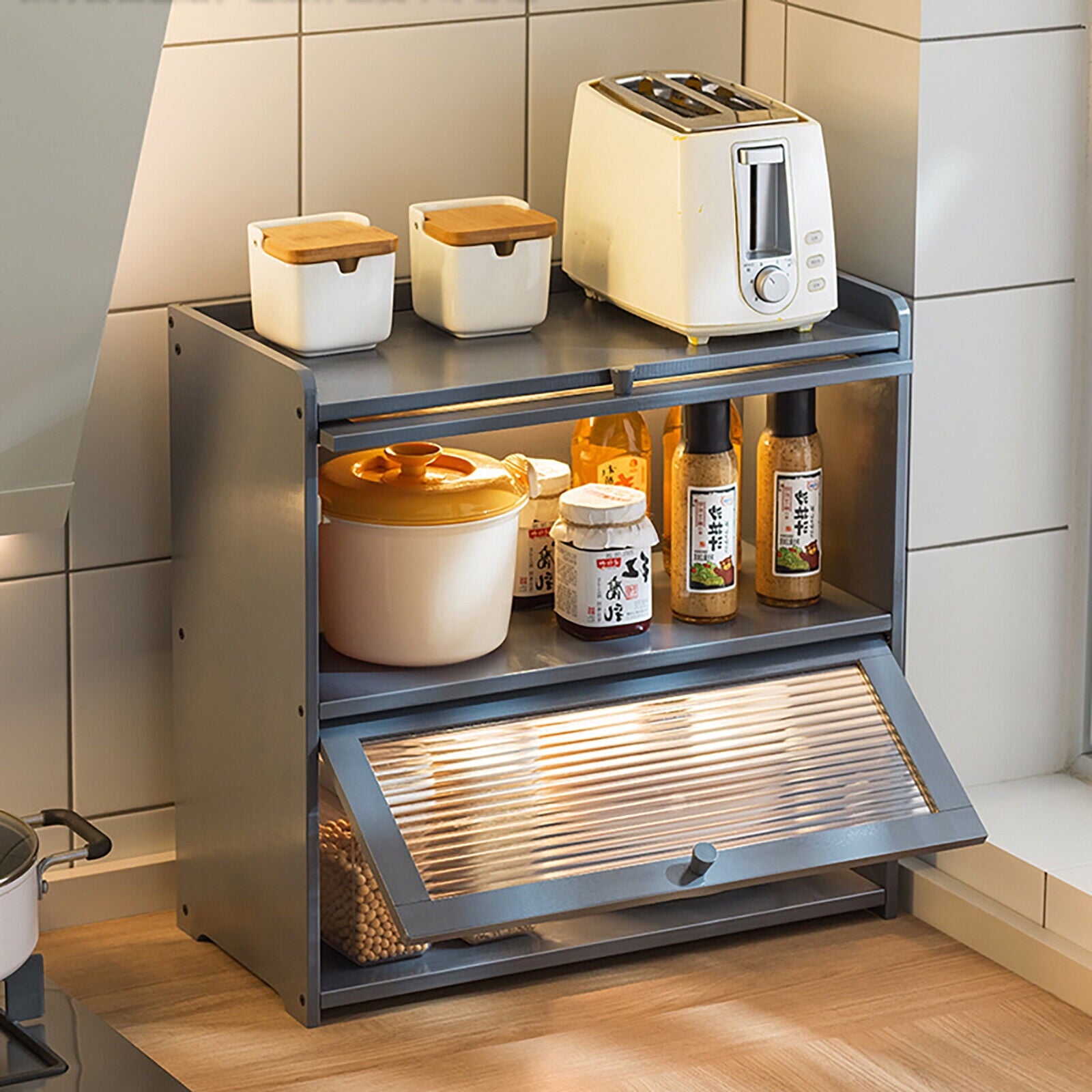 Primary Color 2 Tier Bamboo Storage Cabinet Countertop Storage Cabinet Home For Kitchens, Bedrooms