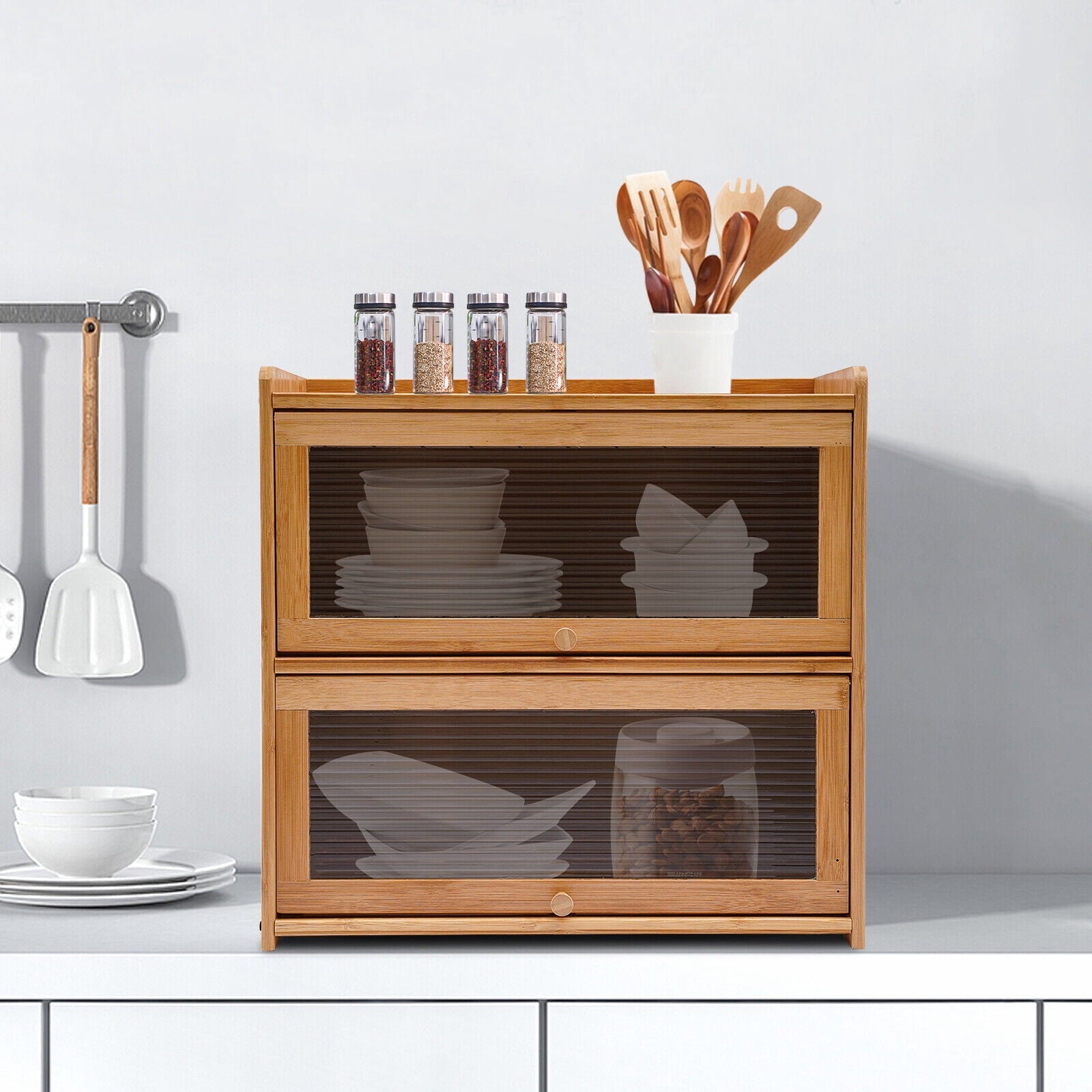 Primary Color 2 Tier Bamboo Storage Cabinet Countertop Storage Cabinet Home For Kitchens, Bedrooms