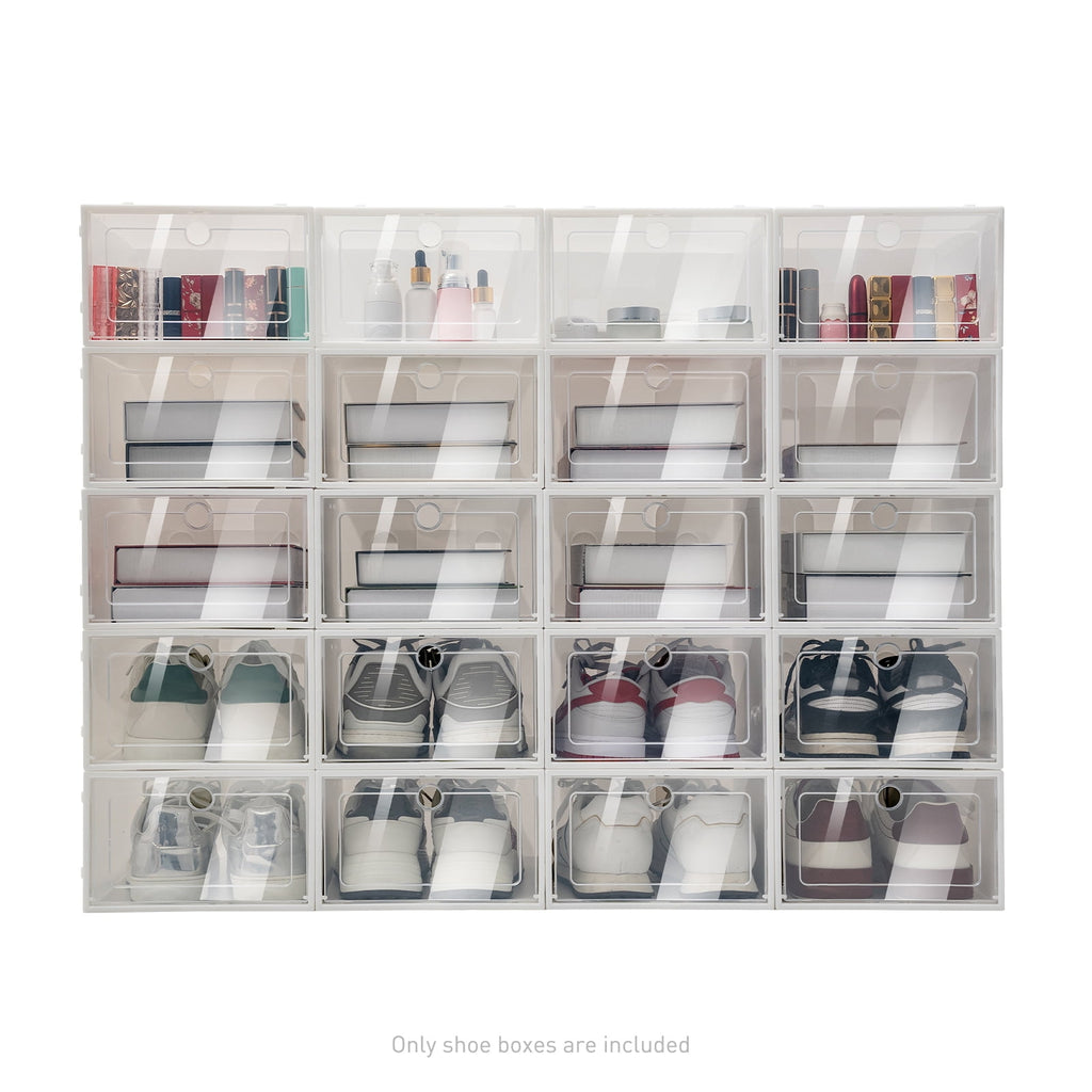 20 Pack Foldable Shoe Storage Boxes, Stackable Clear Plastic Shoe Organizer Space Saving Shoe Display Containers with Clear Lids