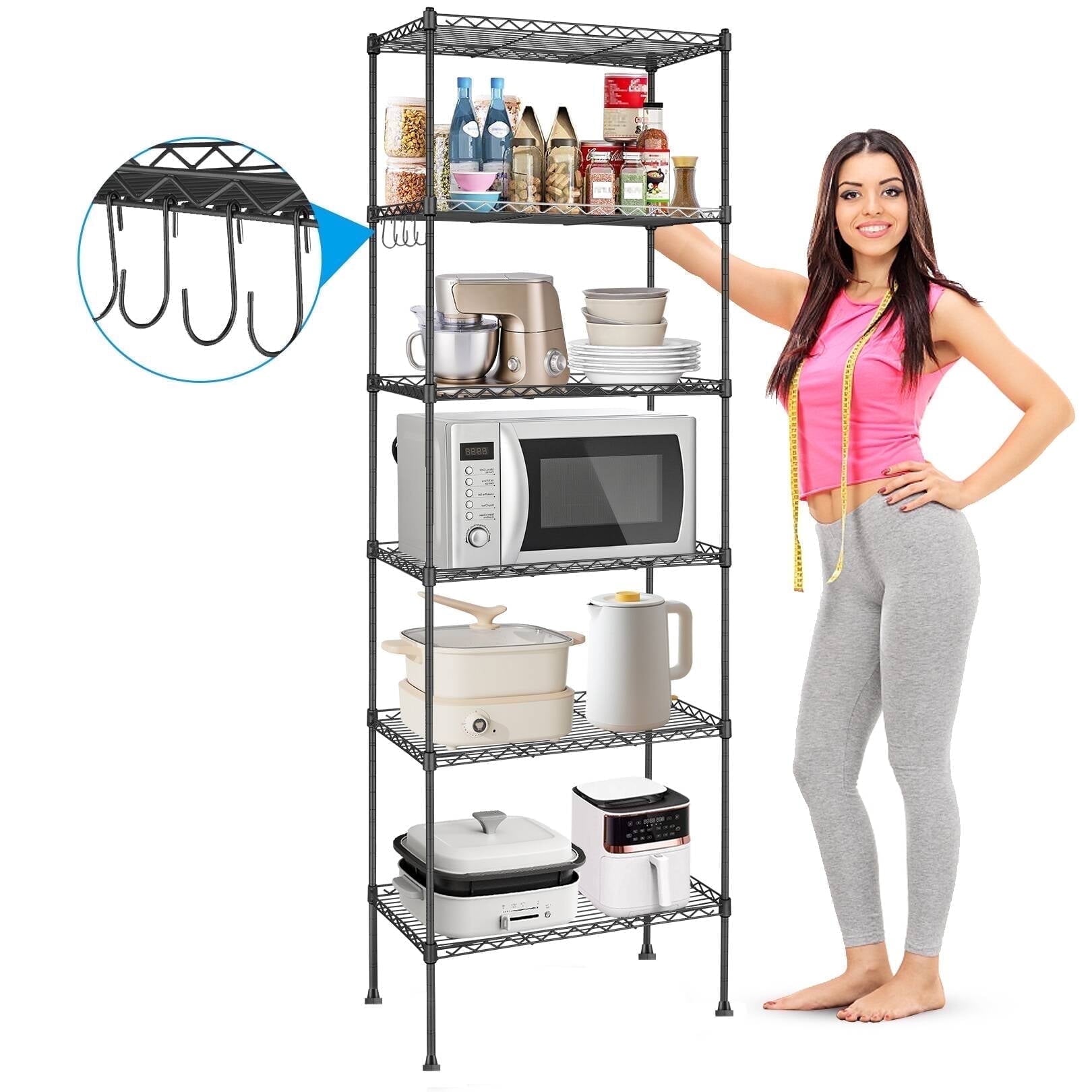6-Tier Shelf Rack Wire Shelving Unit Storage Height Adjustable Metal Shelf with 4 Side Hooks, 260lbs Capacity Free Standing Rack Organization for Kitchen Bedroom Garage