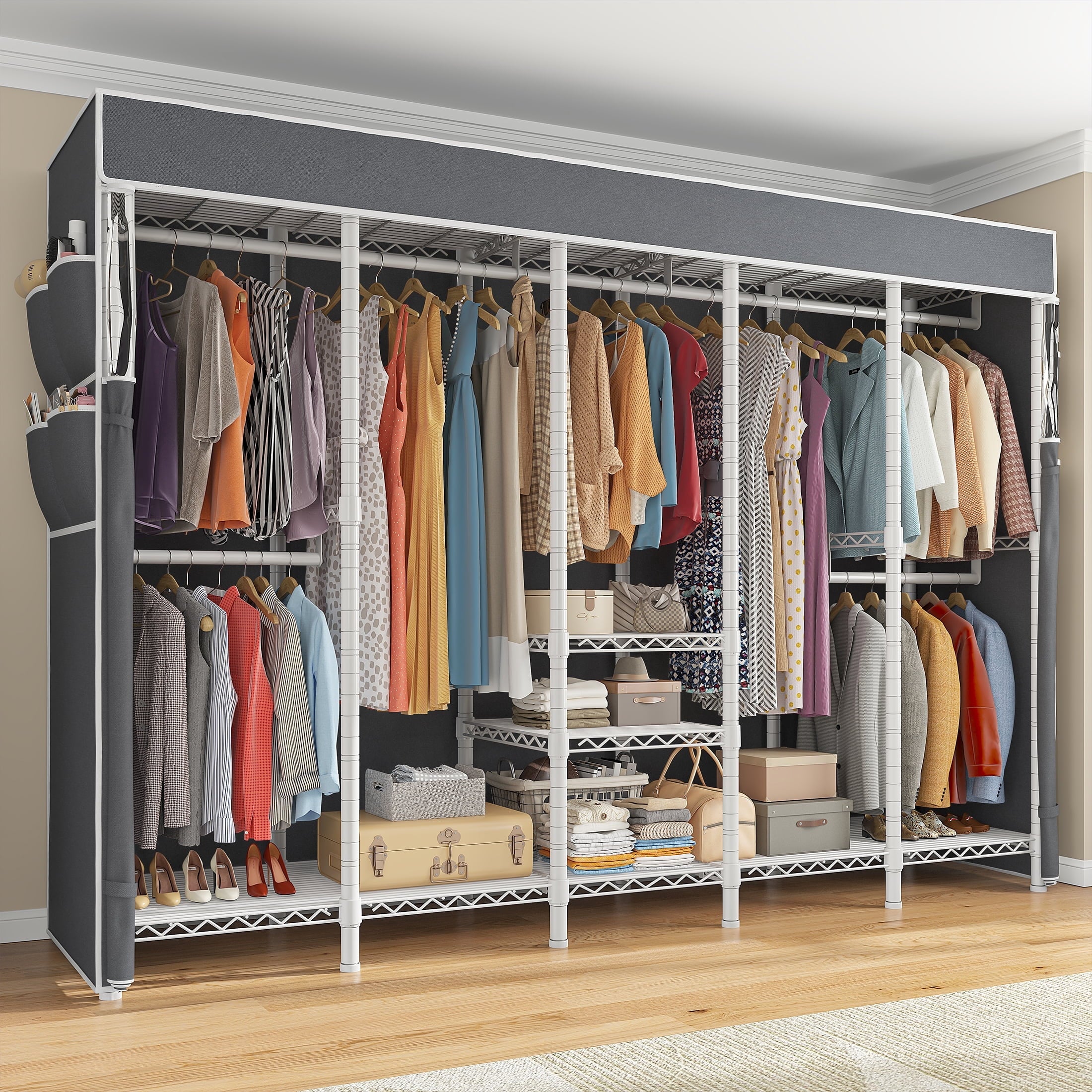 Clothes Rack with Cover, Freestanding Closet Wardrobe for Hanging Clothes, Clothes Storage Organizer with Wire Shelves, White