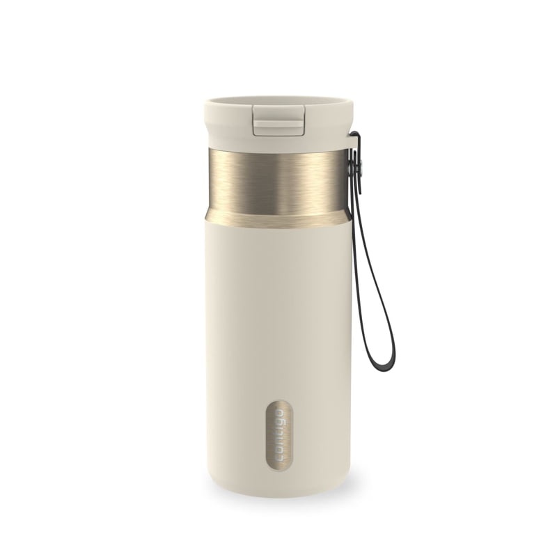 Contigo SnapSeal Leakproof Stainless Steel Reusable Water Bottle with Carrying Strap, Cream/Champagne, 16 oz