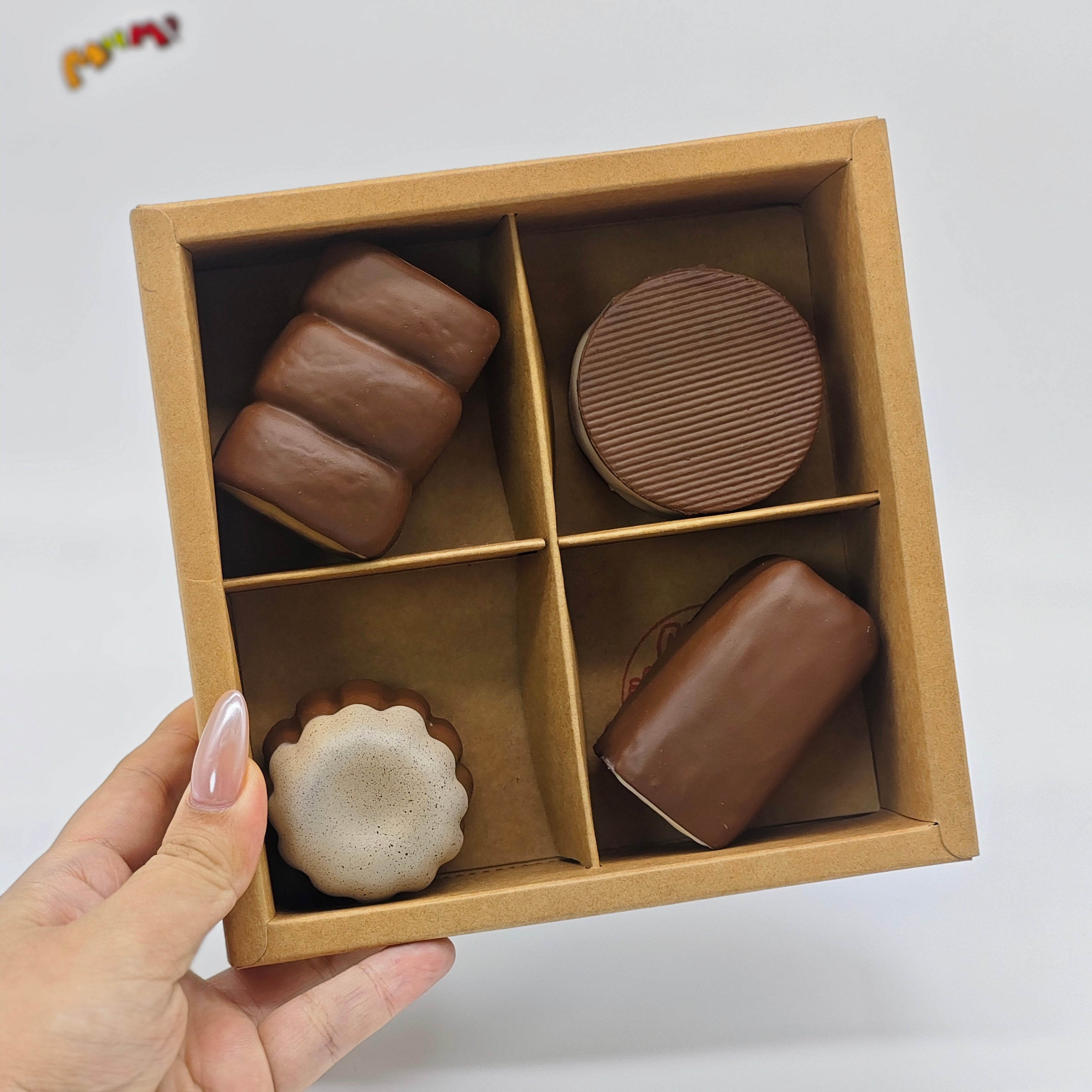 🍫 4-grid Mini Chocolate Bread Squishy Set | Bakery Themed Slow Rising Stress Relief Toy
