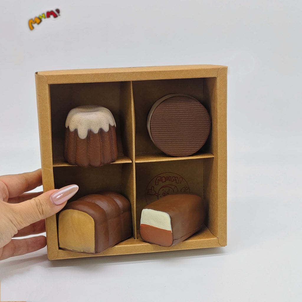 🍫 4-grid Mini Chocolate Bread Squishy Set | Bakery Themed Slow Rising Stress Relief Toy