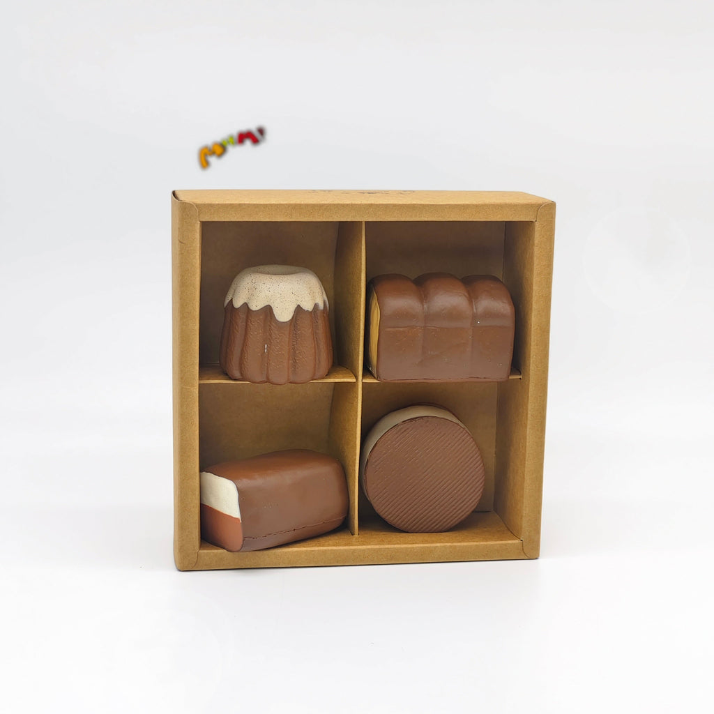 🍫 4-grid Mini Chocolate Bread Squishy Set | Bakery Themed Slow Rising Stress Relief Toy