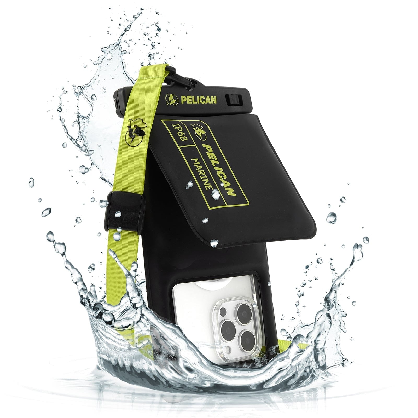 Pelican Marine IP68 Floating Waterproof Phone Pouch / Case (XL Size) w/ Detachable Lanyard - Black/Yellow