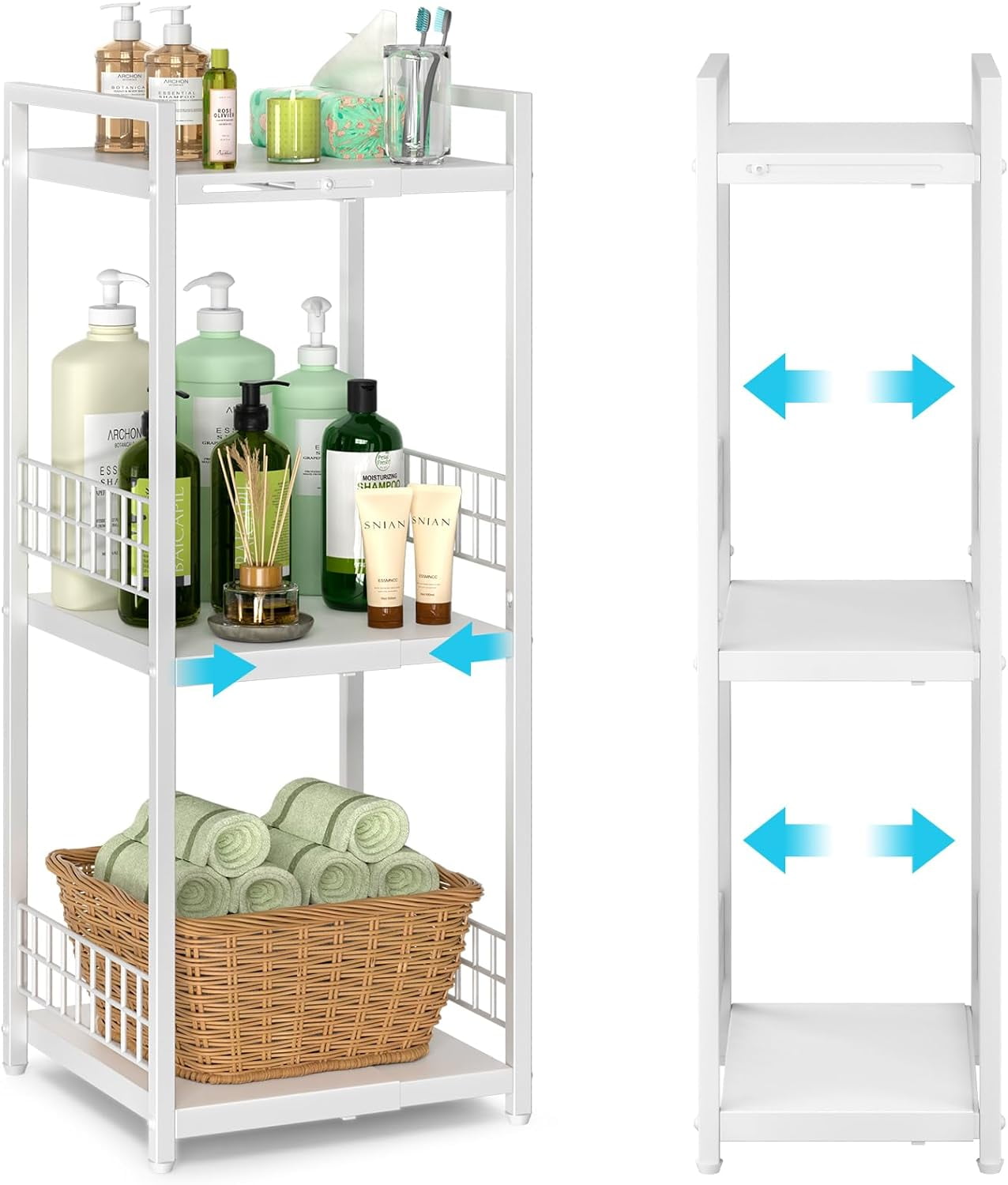 Expandable Slim Storage Shelf 3 Tier Metal Shelving Unit for Bathroom Storage Organizer Free-Standing Narrow Shelf Open Floor Shelves for Small Spaces Laundry Bathroom Kitchen White