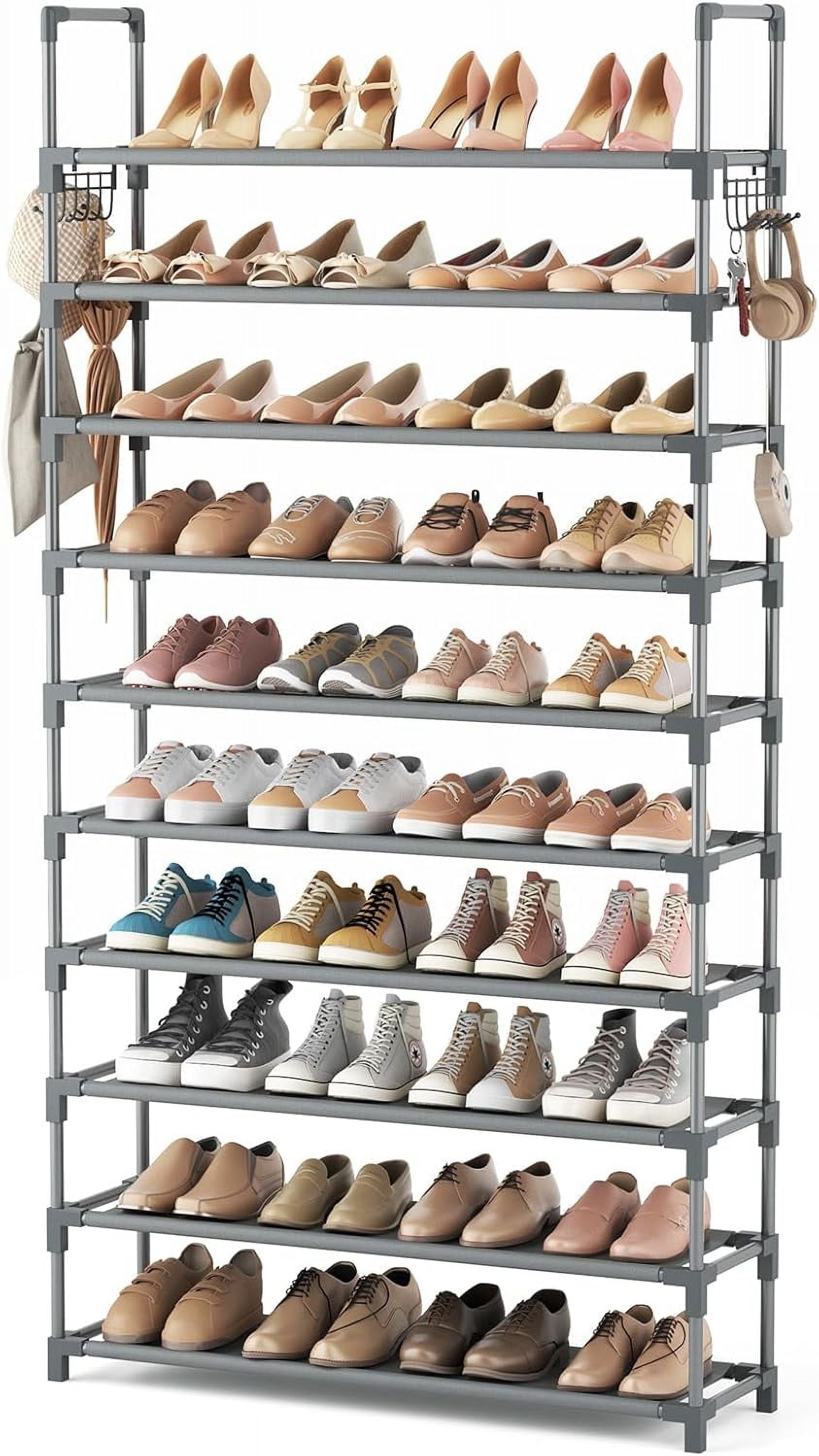 VTRIN 10 Tiers Shoe Rack Tall Large Capacity 50 Pairs Wide Shoe Organizer Sturdy Shoe Shelf for Entryway with Two Hooks Metal Shoe Storage for Closet, Bedroom, White, XJ-113