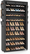 Tall Shoe Rack with Cover, 10 Tier Shoe Organizer Storage for 50-55 Pairs Shoes and Boots Large Capacity Shoe Shelf with 8 Pockets Free Standing Shoe Rack for Closet, Entryway, Garage