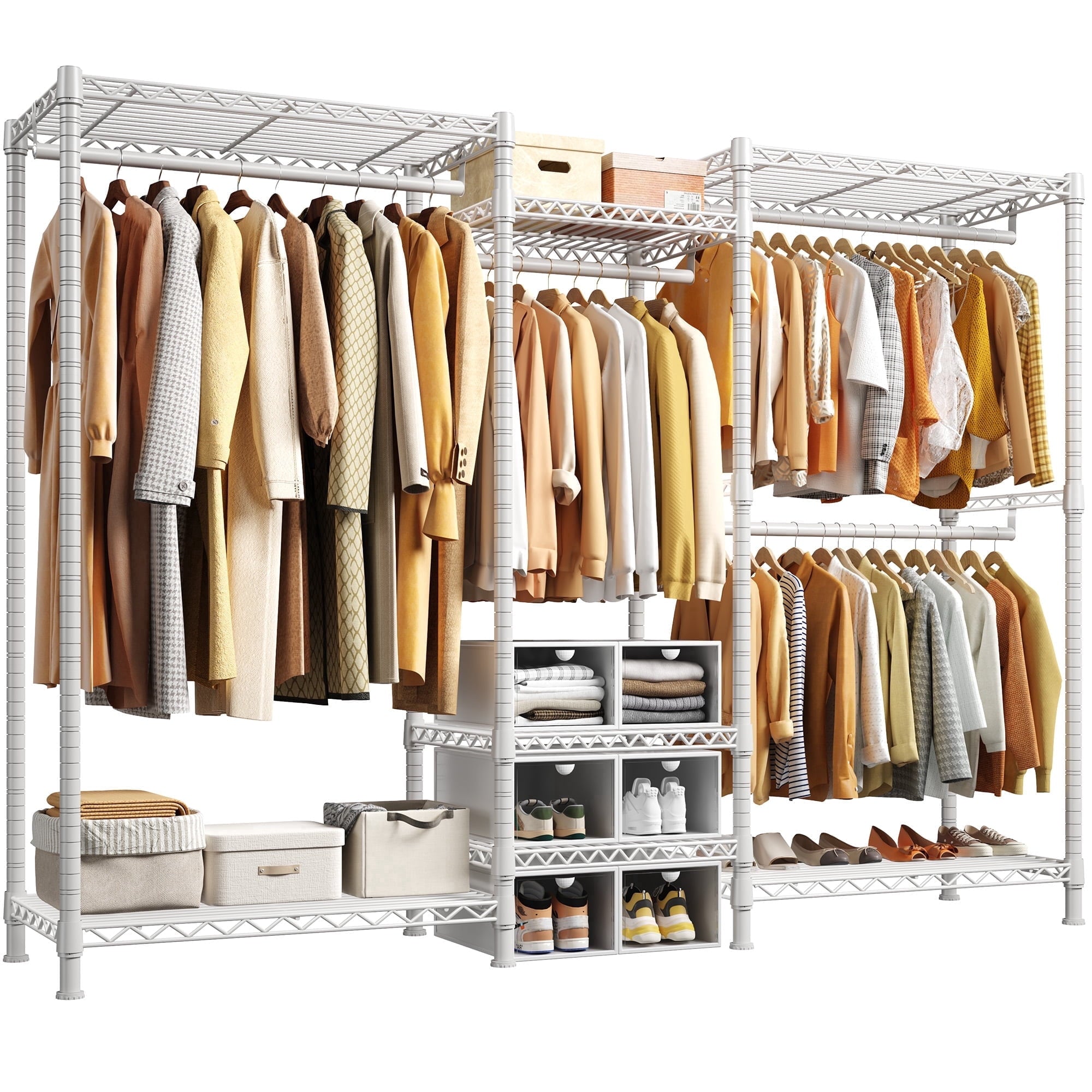 3-Row Closet Organizer System,Heavy Duty Freestanding Clothes Rack with 4 Hanging Rods &amp; 7 Shelves,752 LBS Metal Wardrobe Closet Storage for Bedroom Apartment,70.5"W x 77"H x 13.8"D,White