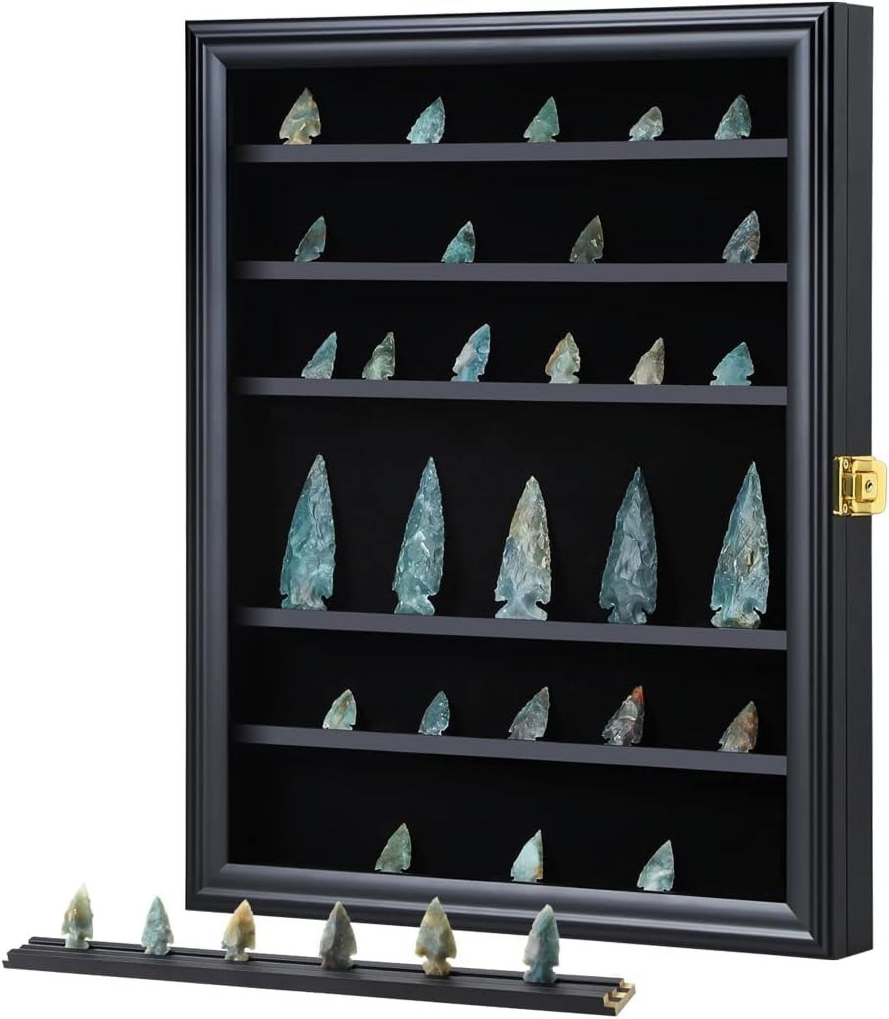 NeoMart Adjustable Rock Display Case - Wooden Crystal Organizer for Stones Storage - Rock Collection Box with Shelves for Agate Opal Crystal Stone Arrowheads Spear Points Rocks, Large Black