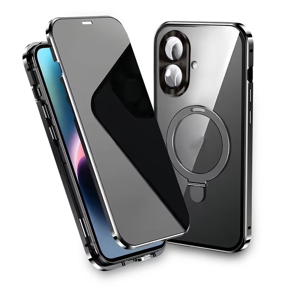 Magnetic Double-Sided Glass Privacy Phone Case Compatible with for iPhone 12, 13, 14, 15 and 16 Pro Max Plus with Security Lock, Comes with Kickstand and Camera Lens Protection.