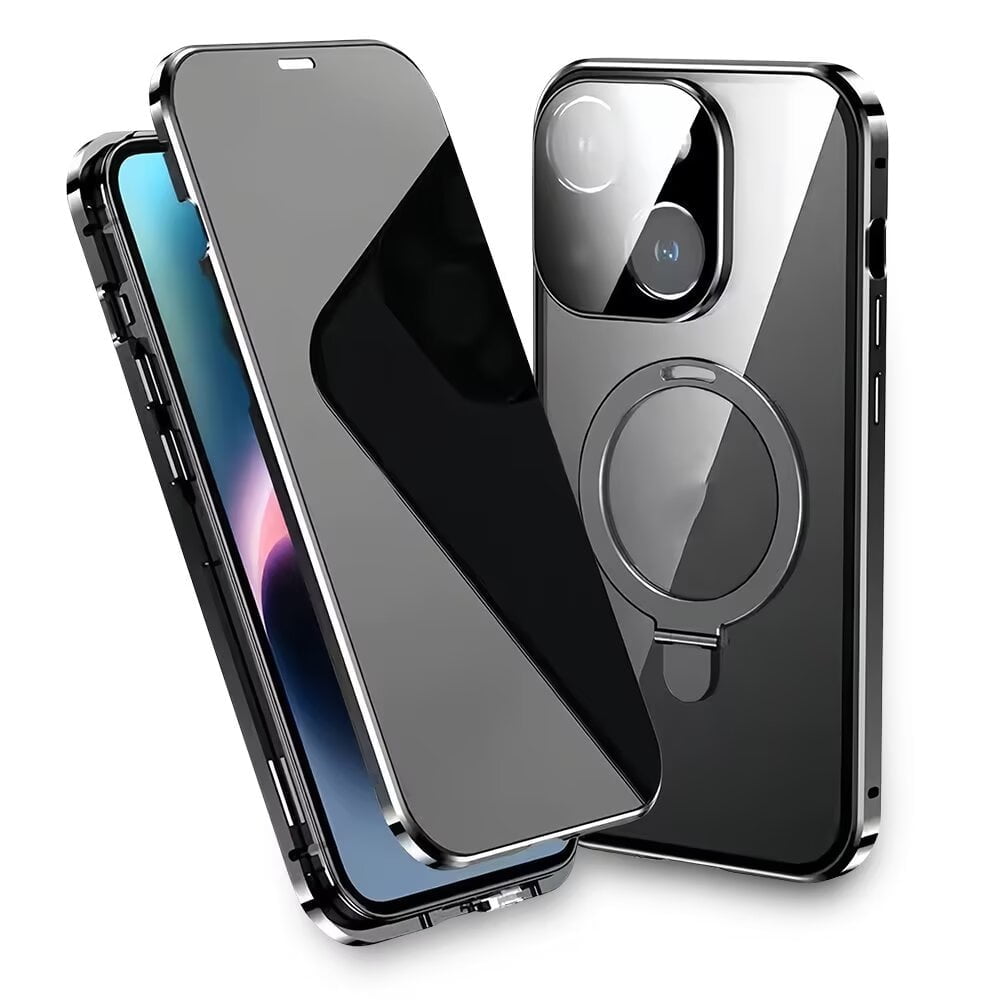 Magnetic Double-Sided Glass Privacy Phone Case Compatible with for iPhone 12, 13, 14, 15 and 16 Pro Max Plus with Security Lock, Comes with Kickstand and Camera Lens Protection.