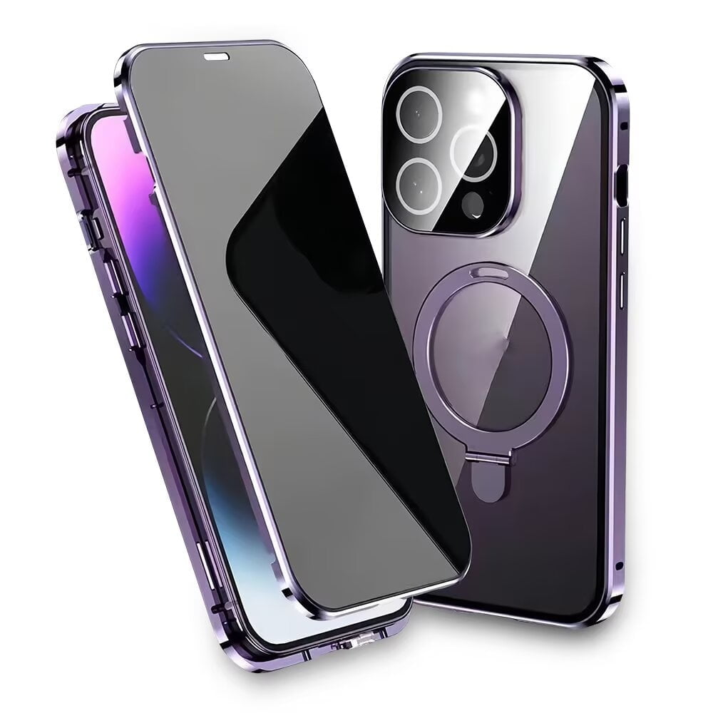 Magnetic Double-Sided Glass Privacy Phone Case Compatible with for iPhone 12, 13, 14, 15 and 16 Pro Max Plus with Security Lock, Comes with Kickstand and Camera Lens Protection.
