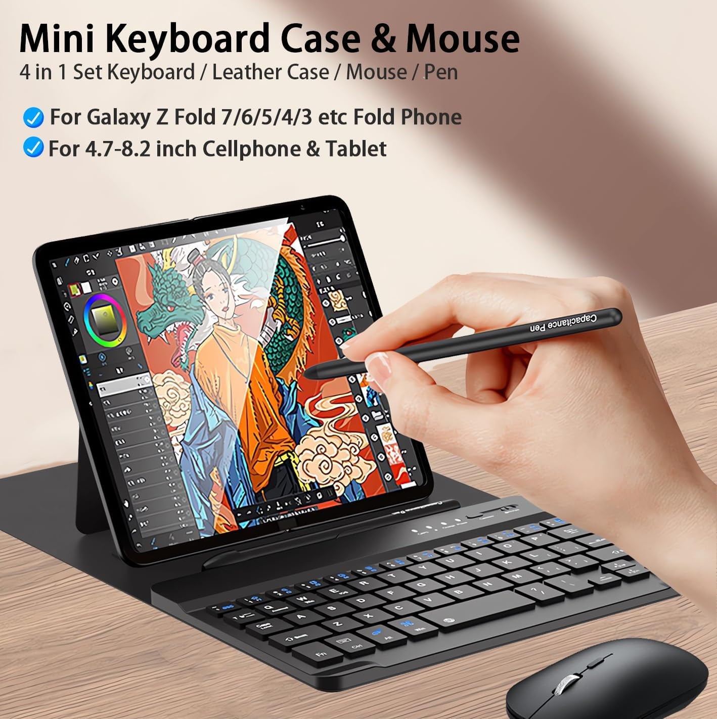 for Samsung Galaxy Z Fold 7 6 5 4 3 Shockproof Case With Keyboard and Mouse, Portable Bluetooth Keyboard with Leather Case and Capacitive Pen, 4 in 1 Set for Z Fold7 6 5 4 3 Accessories,Black