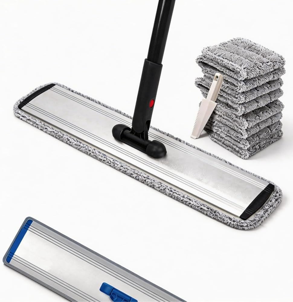 24in Flat Mop for Cleaning Floors, Heavy-Duty Microfiber Wet Mop with Easy Wringing &amp; Deep Cleaning, Includes 4 Reusable Mop Cloths and Adjustable Long Handle