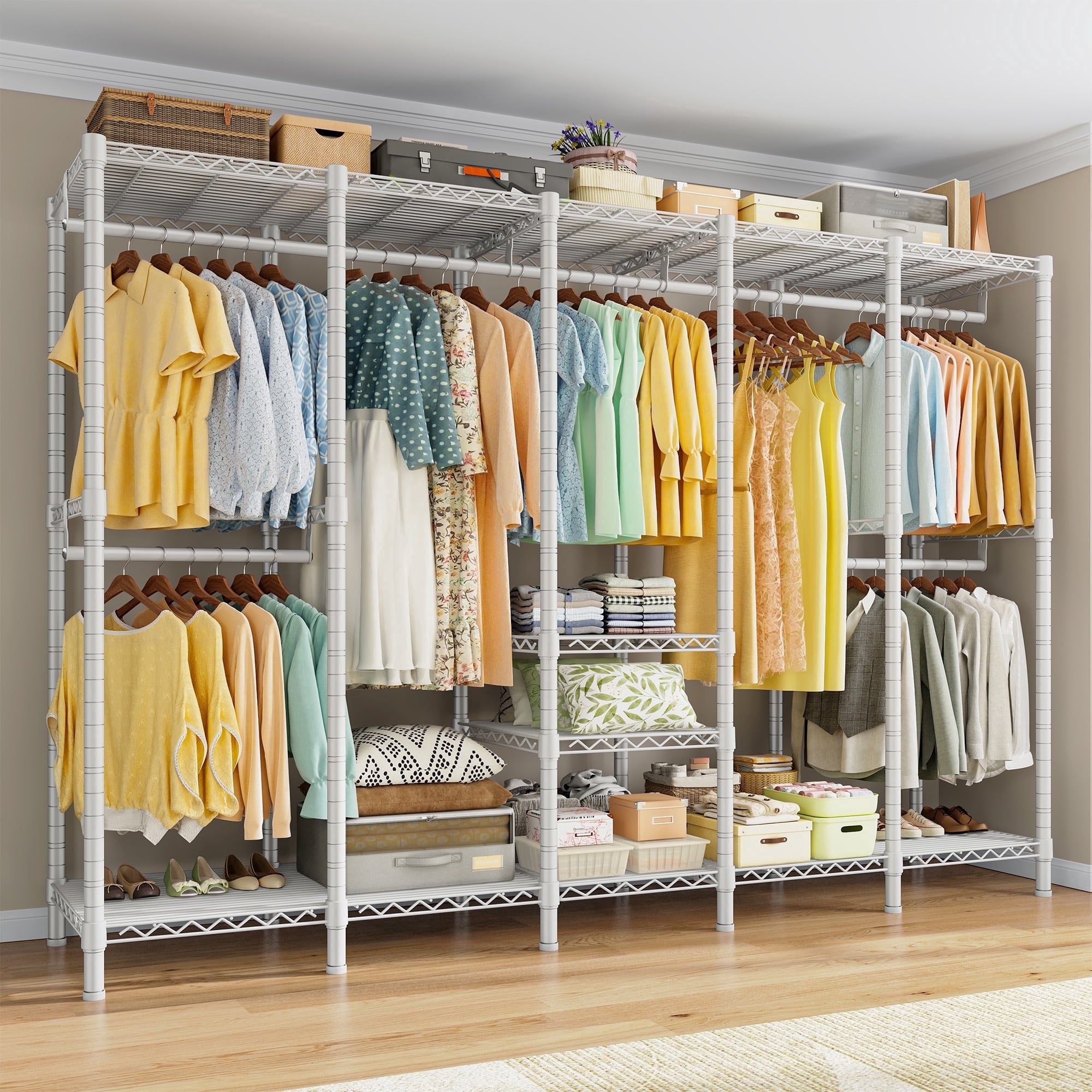88.2"W Clothes Rack Portable Closet Rack Loads 1200lbs Capacity Freestanding Wardrobe Closet with Adjustable Shelves, White