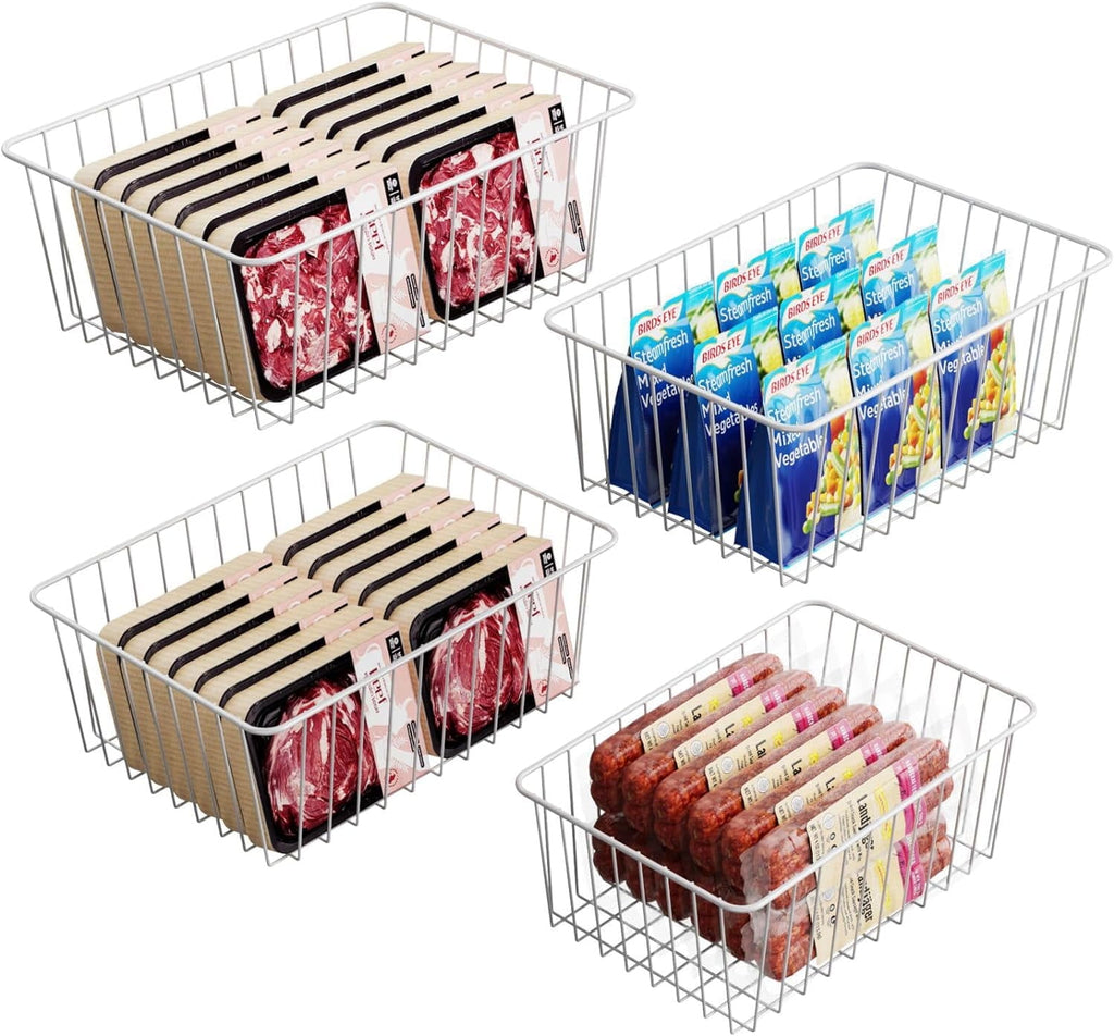 Freezer Organizer Bins - 4 Pack Upright Freezer Baskets for 16/17 / 21 Cu.Ft Stand up Freezer, Easily Get Food, Stop Food Fall out from Freezer Better Ventilation, 2 Large 2 Medium, White