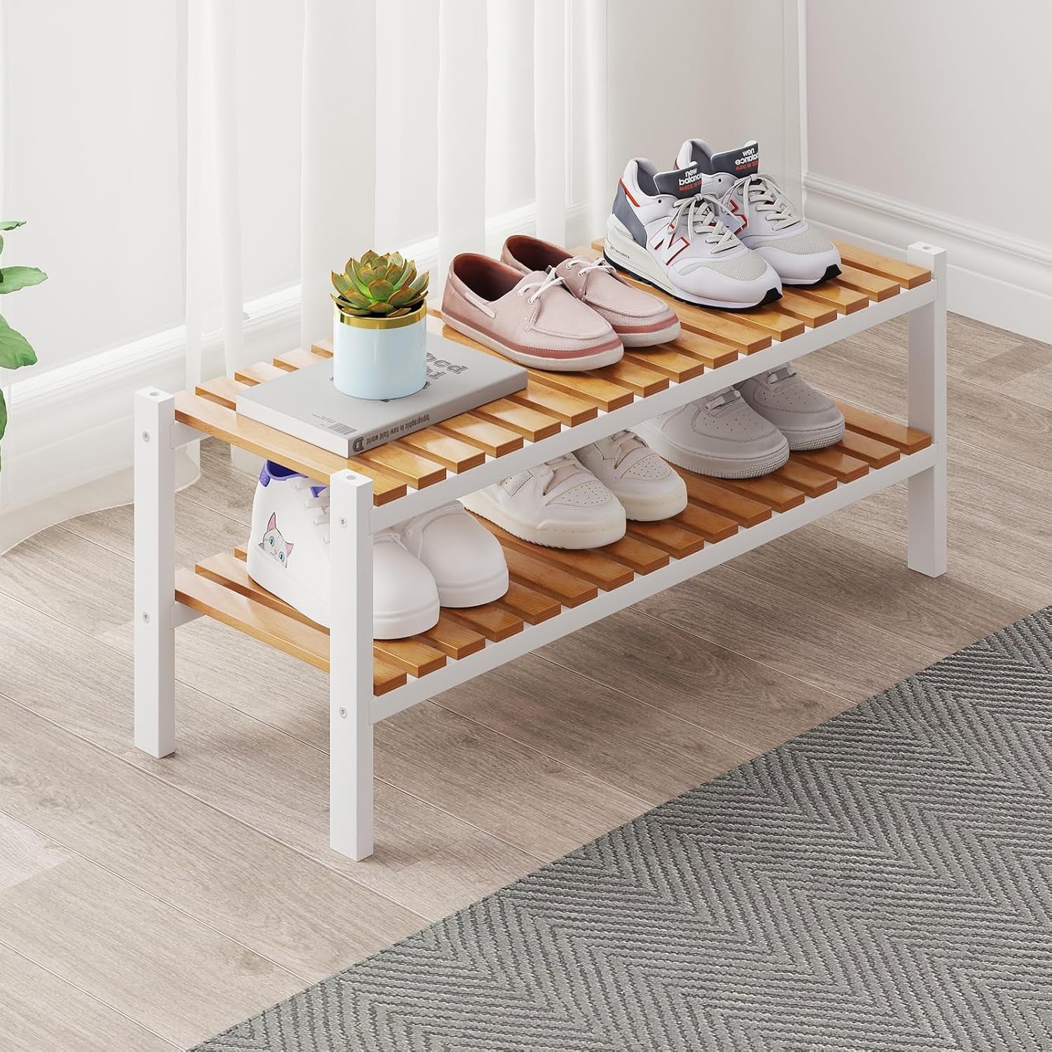 Bamboo Shoe Rack Organizer for Closet and Entryway - Space-Saving Narrow Shoe Stand - Versatile Shoe Holder for Door or Closet Shelf, Garage Bedroom can Freely Stack DIY Small Shoe Racks 3 Tier