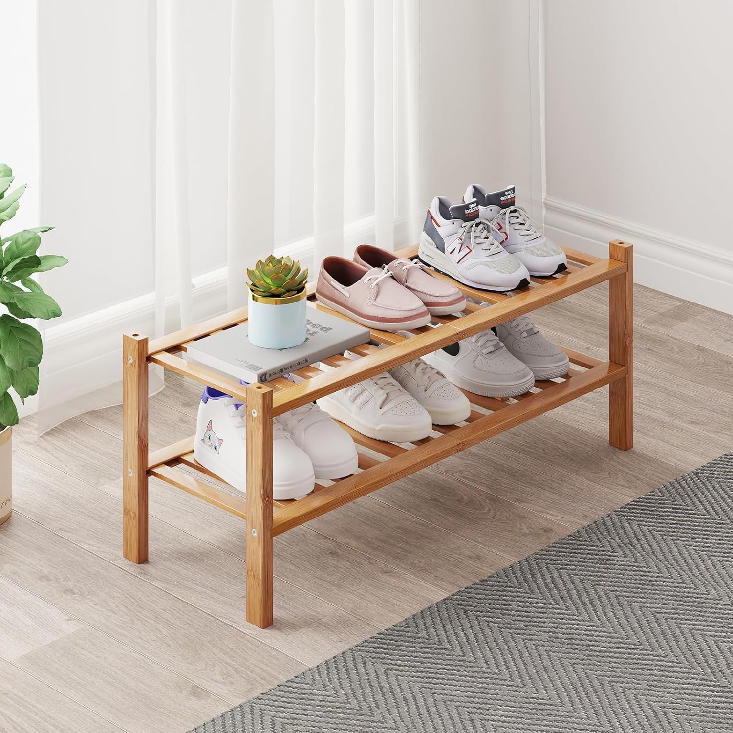 Bamboo Shoe Rack Organizer for Closet and Entryway - Space-Saving Narrow Shoe Stand - Versatile Shoe Holder for Door or Closet Shelf, Garage Bedroom can Freely Stack DIY Small Shoe Racks 3 Tier