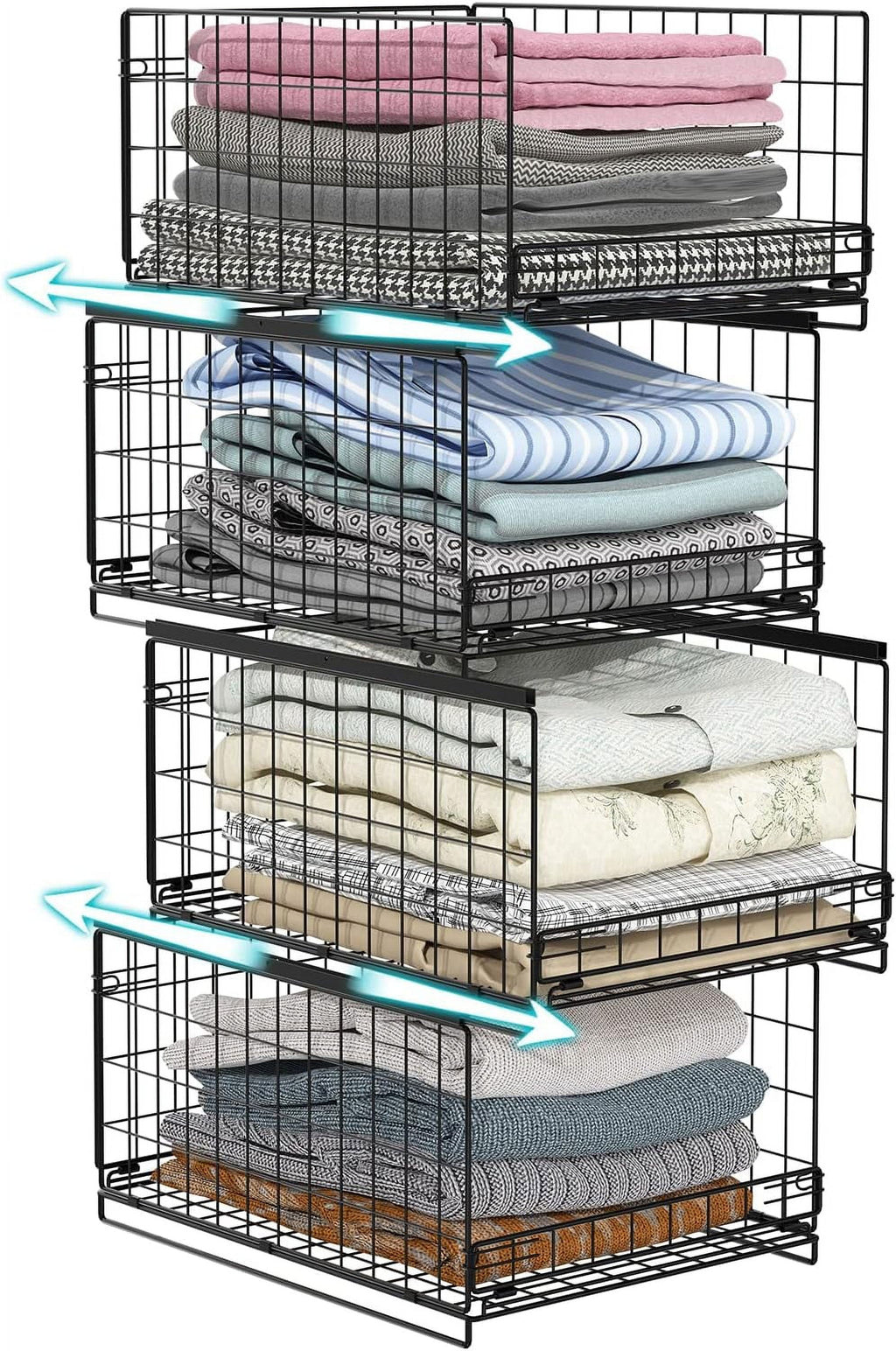 4-tier Sliding Closet Organizers and Drawer Storage Shelves, Stackable Storage Bins for Jean Pants Sweaters, Metal Drawer Slid Clothes Storage Container, Closet Organizers for Clothes-Black