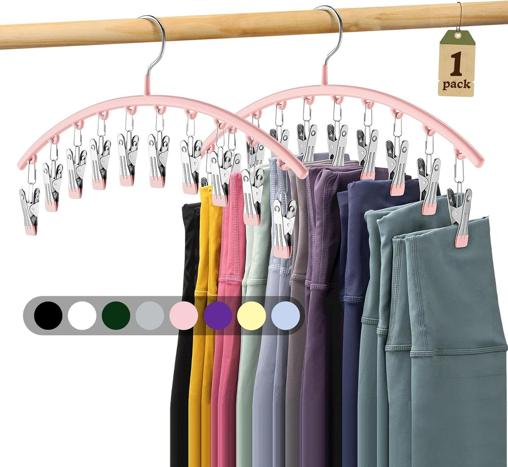 Metal Yoga Pants Pink Hangers 1 Pack w/10 Clips Holds 10 Leggings, Space Saving Hanging Closet Organizer w/Rubber Coated Closet Organizers and Storage
