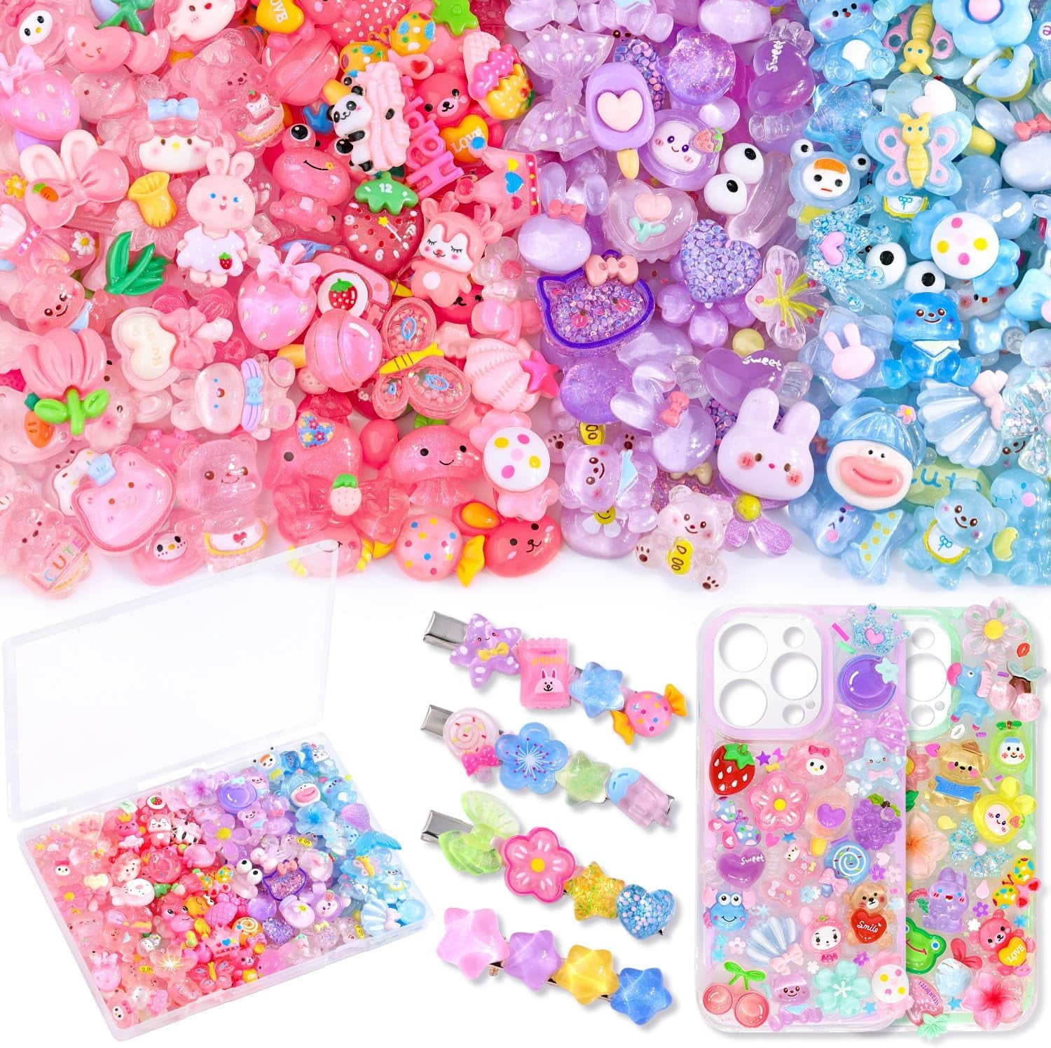 60Pcs Mixed Colors Slime Charms Assorted Cute Jelly Embellishments, Random Bulk Flatback Resin Ornament Bear Star Kawaii Slime Accessories for Phone Junk Case, Scrapbooking Crafting &amp; DIY Decor