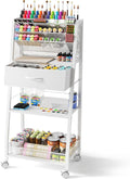 3 Tier Rolling Cart - Metal Utility Cart with Storage Drawer and Wheels Versatile Art Craft Organizer for Home Office or Studio - Ideal for Storing Brushes Paints and SuppliesWhite