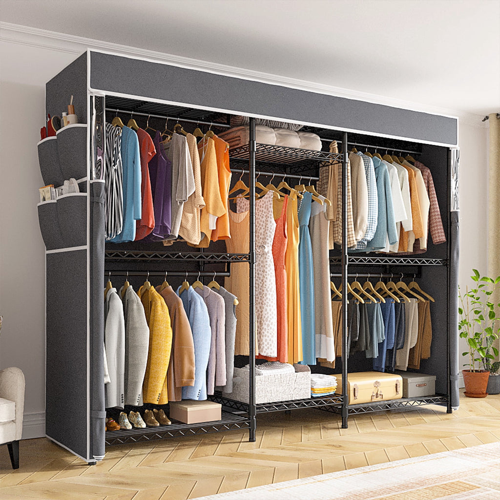 Heavy Duty Clothes Rack with Cover Loads 900LBS, Clothing Racks for Hanging Clothes, Freestanding&amp; Adjustable Closet with Cover, Black, 74.9" Wx17.8 Dx76.9 H