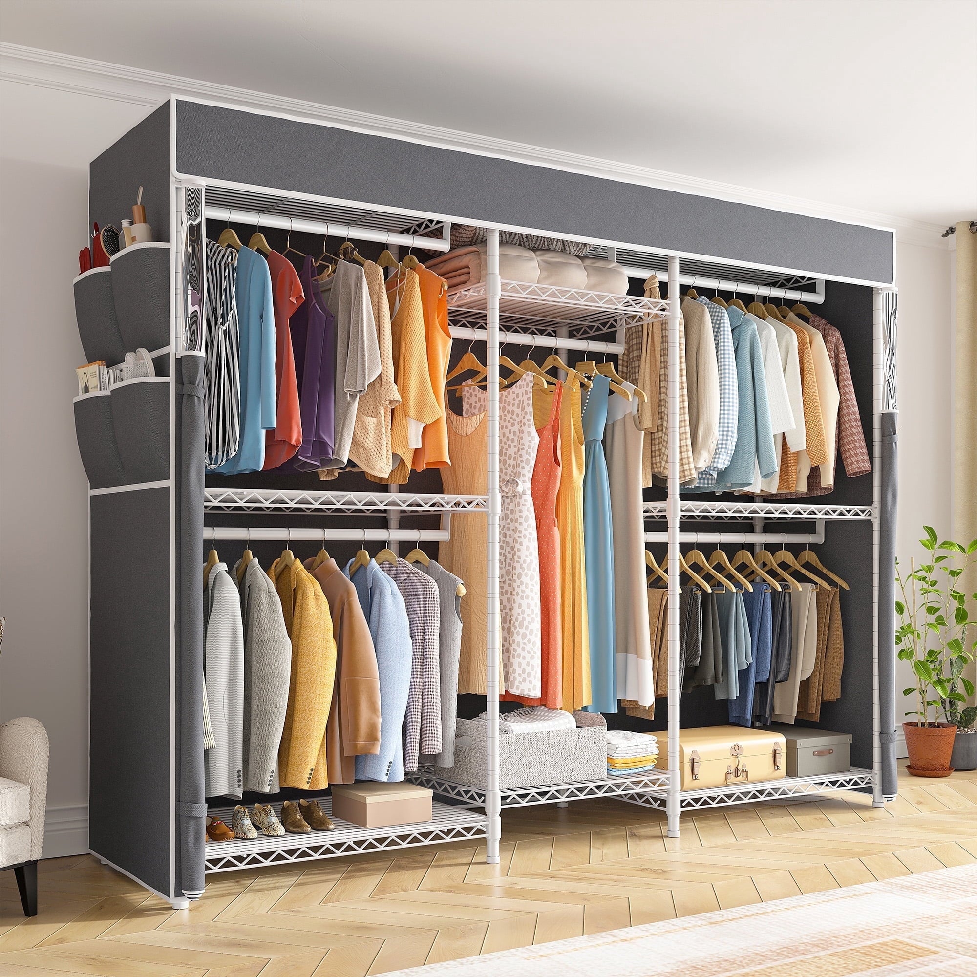 Heavy Duty Clothes Rack with Cover Loads 900LBS, Clothing Racks for Hanging Clothes, Freestanding&amp; Adjustable Closet with Cover, Black, 74.9" Wx17.8 Dx76.9 H
