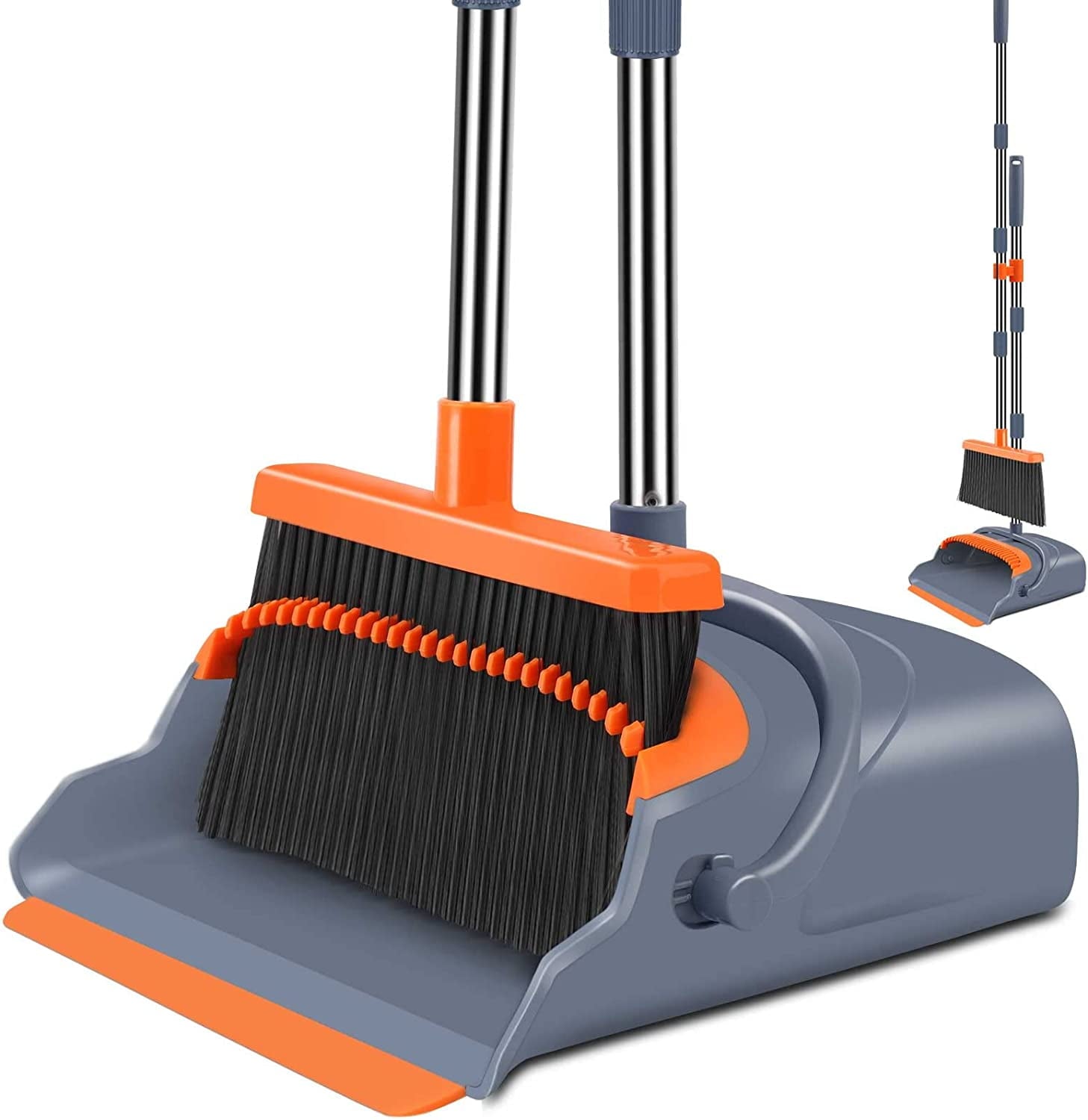 A house of tools Upgrade Broom and Dustpan Set, Self-Cleaning with Dustpan Teeth, Indoor&amp;Outdoor Sweeping, Ideal for Dog Cat Pets Home Use, Stand Up Broom and Dustpan (Gray&amp;Orange)