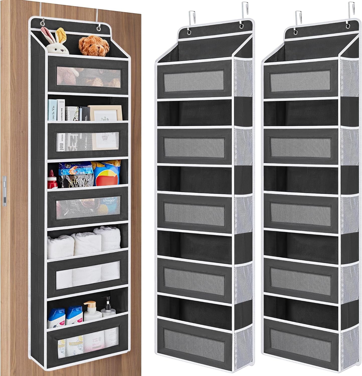 JARLINK 2 Pack Over the Door Organizer Storage, 5 Shelf Hanging Door Organizer with 5 Large Capacity Pockets, Anti Tilt 44 lb Load Behind Door Storage for Bedroom, Bathroom, Pantry, Nursery, (Grey)