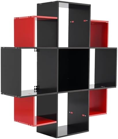 Bookcase Wall Mounted Book Shelf Modern 3-Tier Floating Shelf Bookcase with 9 Compartments, Floating Cube Shelves, for Study, Office, Kitchen, Bedroom, and Living Room (Red&amp;Black)