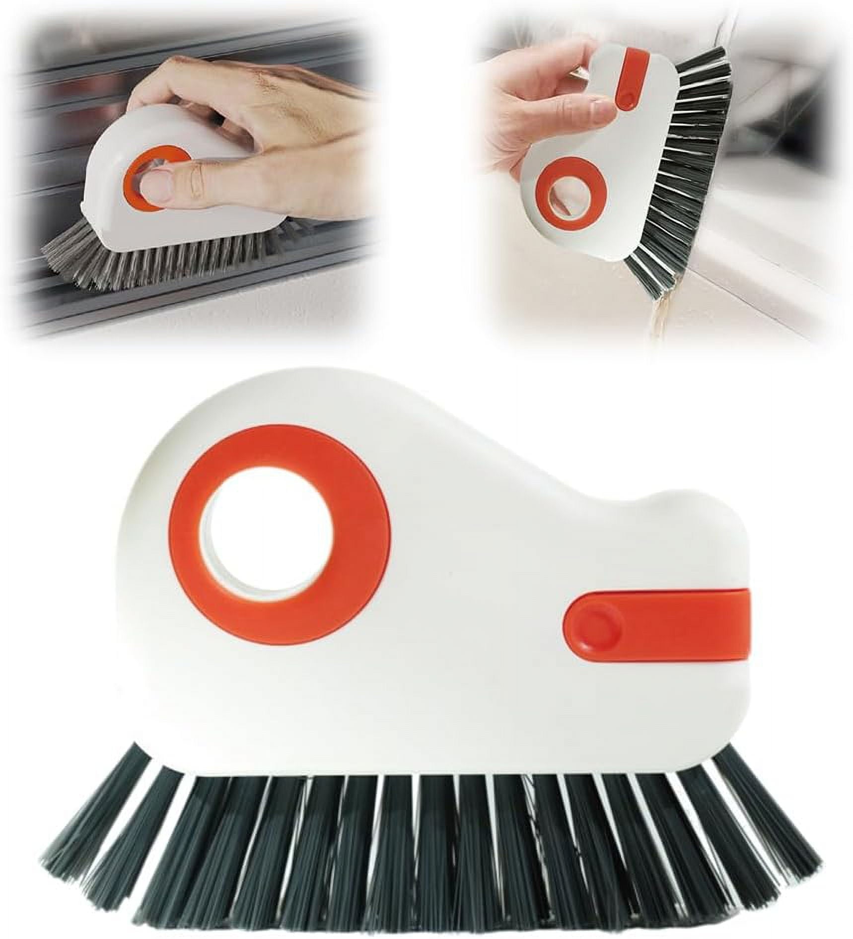 2-in-1 Window Groove Cleaning Brush with Hidden Scraper, Hard Bristle Crevice Tool for Sliding Door Tracks and Window Sills, Orange