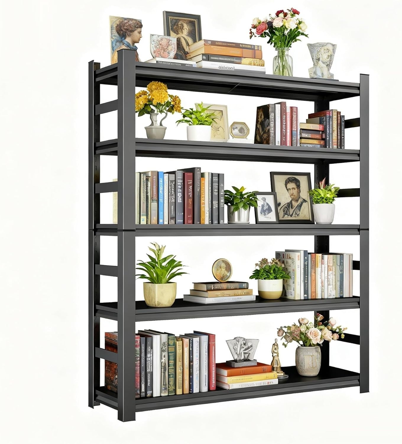 5-Tier Bookshelf, Metal Book Shelf, Adjustable Bookcase, Tall Shelves in Living Room/Home/Office/Kitchen/Bedroom, Storage Organizer for CDs/Books/Movies, Modern, Black
