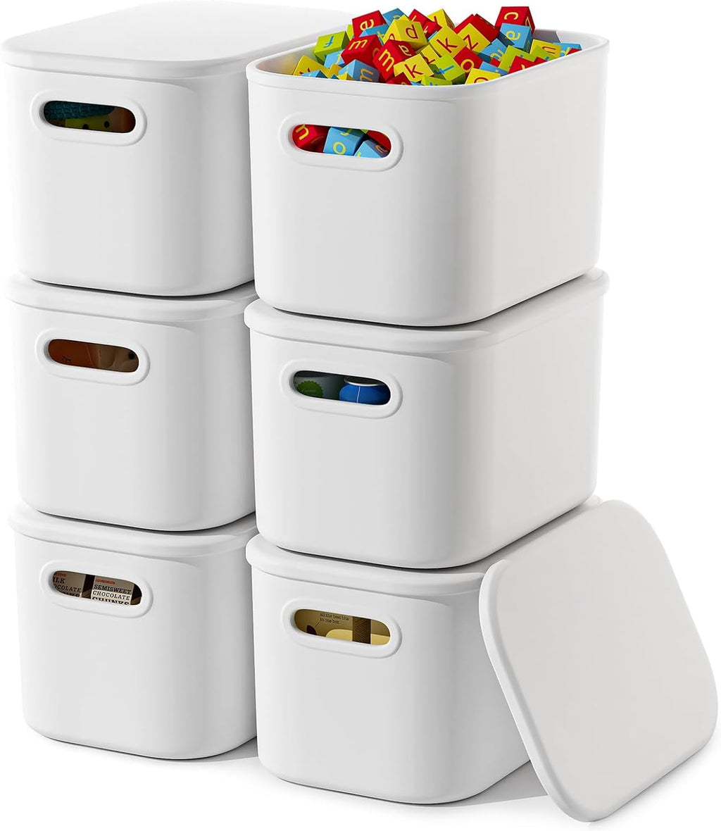 6 Pack White Storage Bins with Lids Stackable Storage Container for Organizing, Storage Boxes with Handle for Shelves, Cute Organizer Bins for Craft, Snacks, 9.85x6.9x5.7 inch