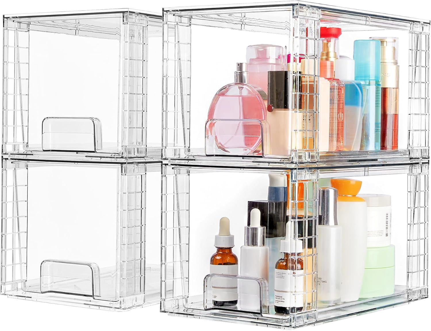 4 Pack Large Stackable Storage Drawers,Easily Assemble Acrylic Bathroom Closet Undersink Organizers and Storage,Plastic Bins for Kitchen Cabinets,Pantry,Makeup,Medicine Organization