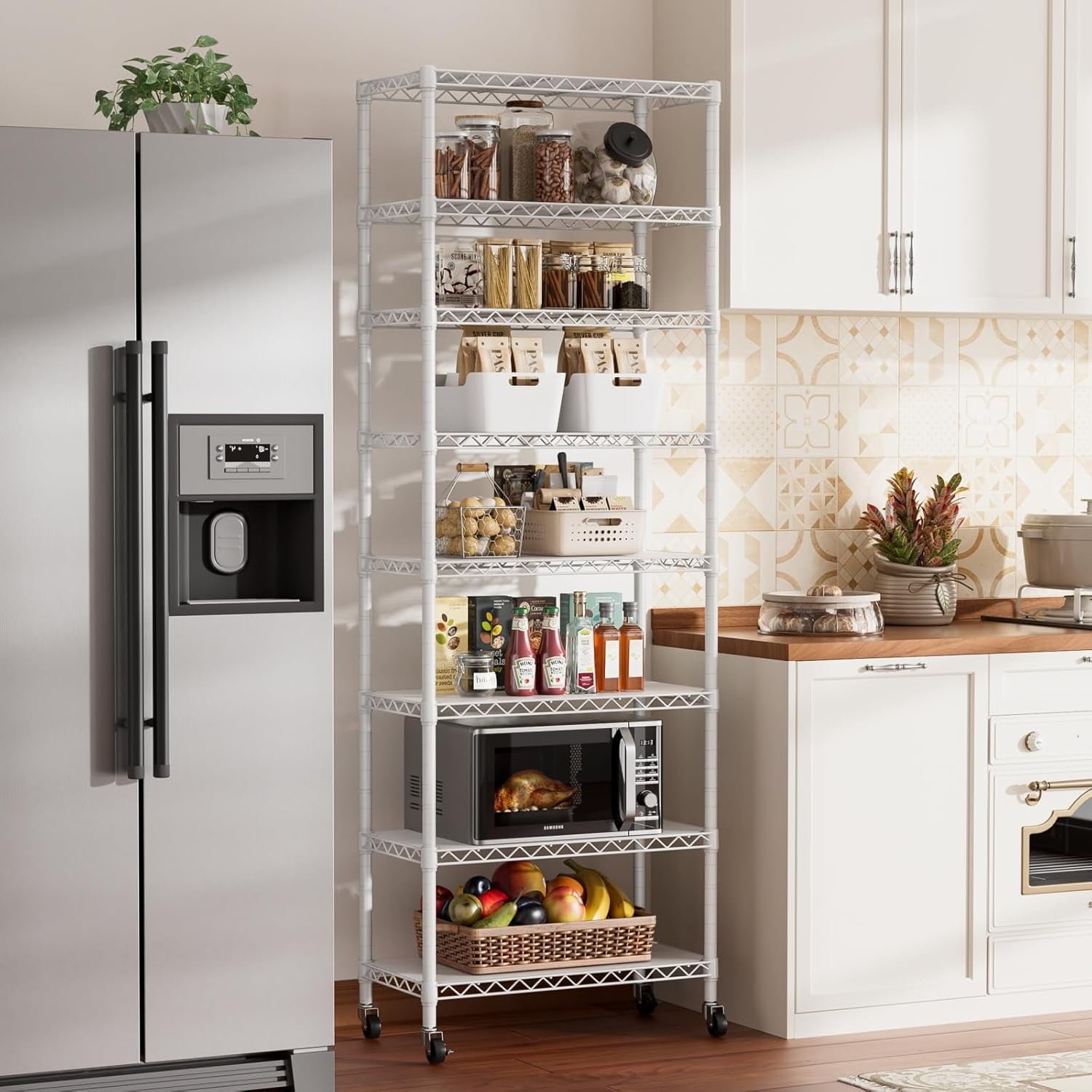8 Tier Shelf Organizer Storage Metal Shelves Garage Wire Shelving Unit Pantry Rack Adjustable Standing Storage for Kitchen Closet Laundry Bathroom Pantry 12" D x 22" W x 74" H White